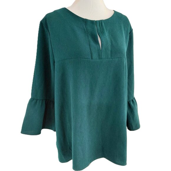 Ellie Kai Popover Blouse Size XL Hunter Green Ruffled Bell Sleeve Textured Crepe - Picture 5 of 10